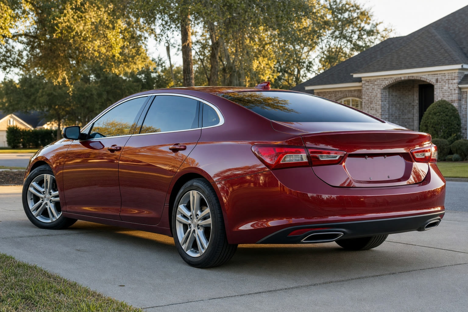Freshly detailed dark red sedan parked in a driveway with a glossy, complete-detail finish