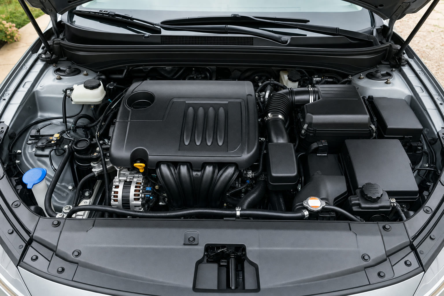 Clean, dressed engine bay after an engine bay detailing add-on