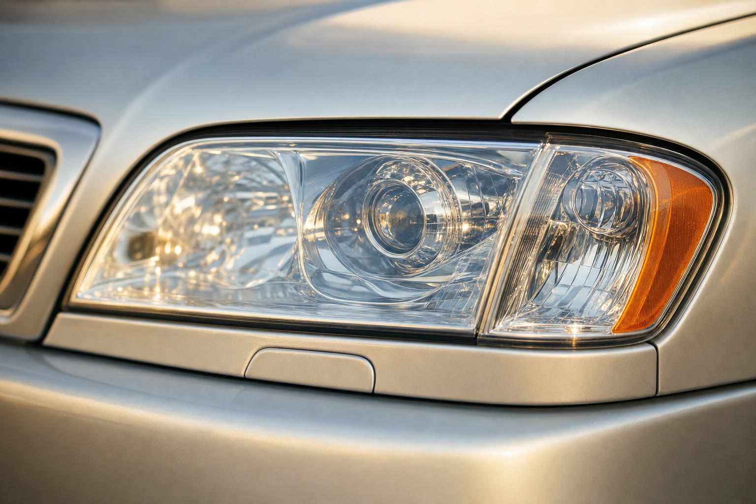 Close-up of a clear, restored headlight after a headlight restoration add-on