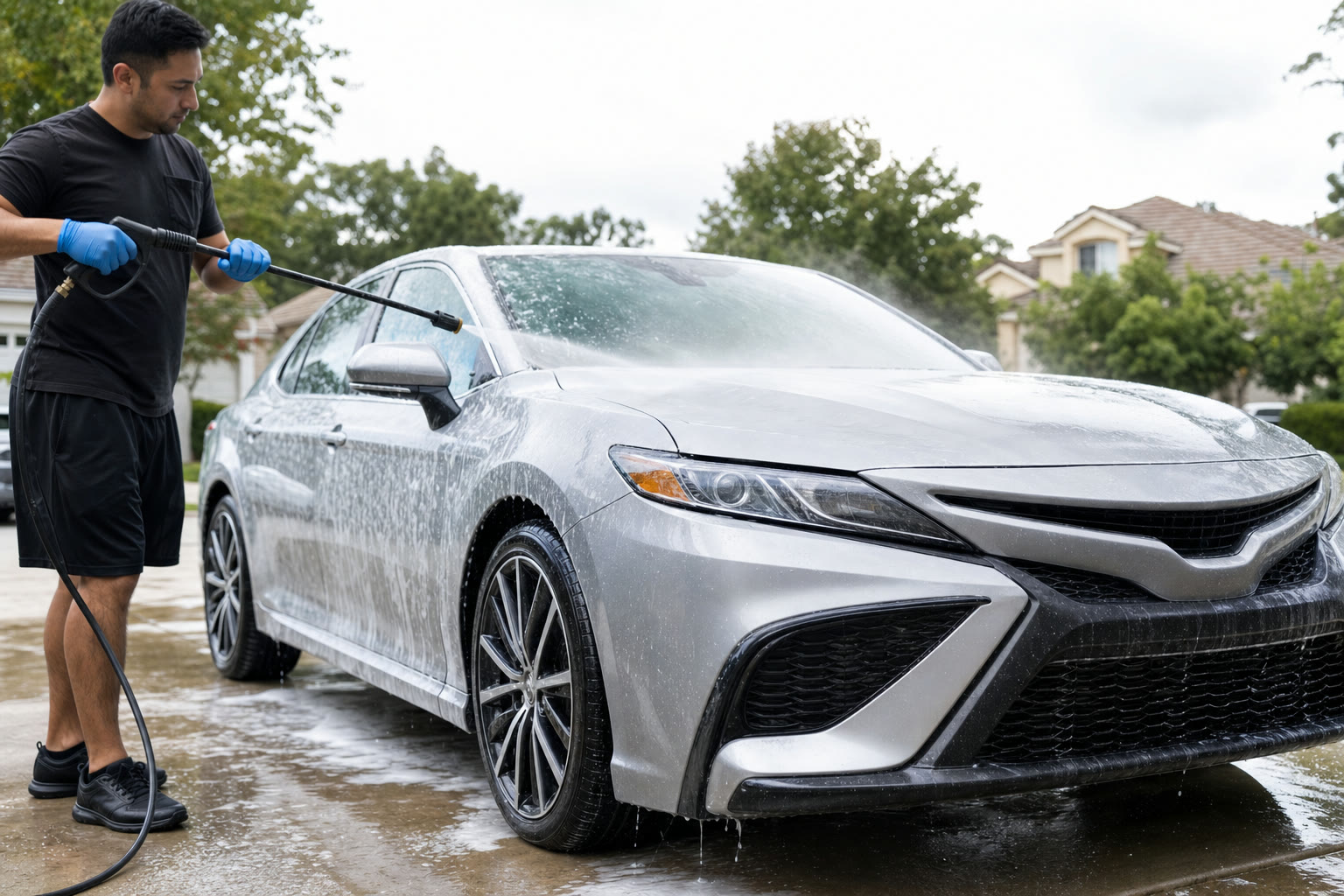 Detailer hand-washing a silver sedan with foam suds in a driveway