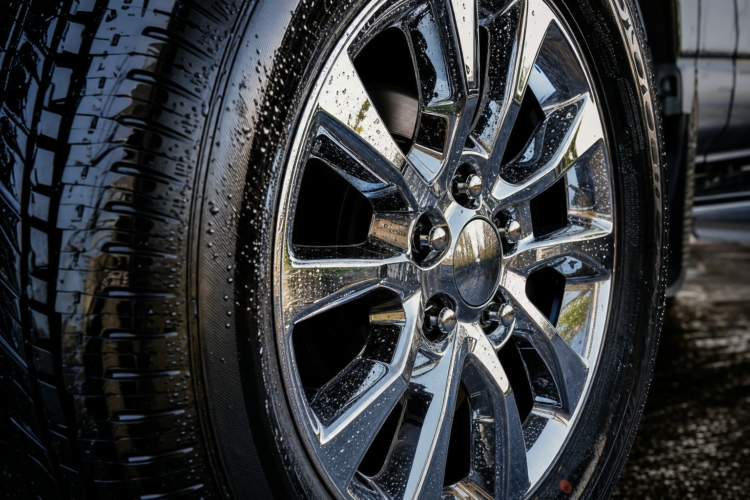 Close-up of a clean chrome wheel and tire on a pickup truck after detailing