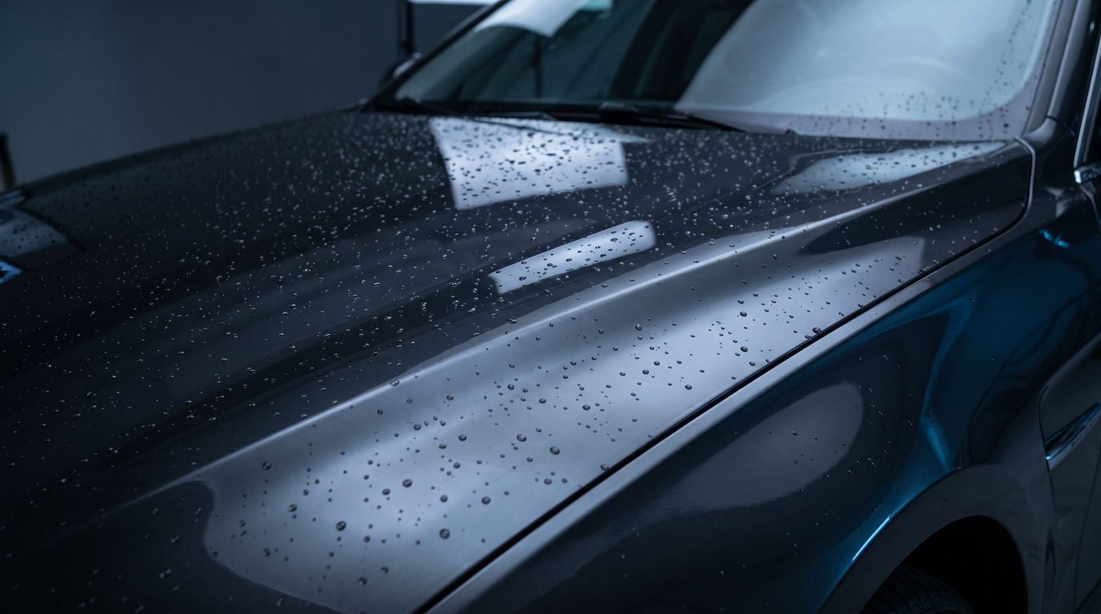 Close-up of a freshly detailed car exterior with a glossy, water-beaded shine