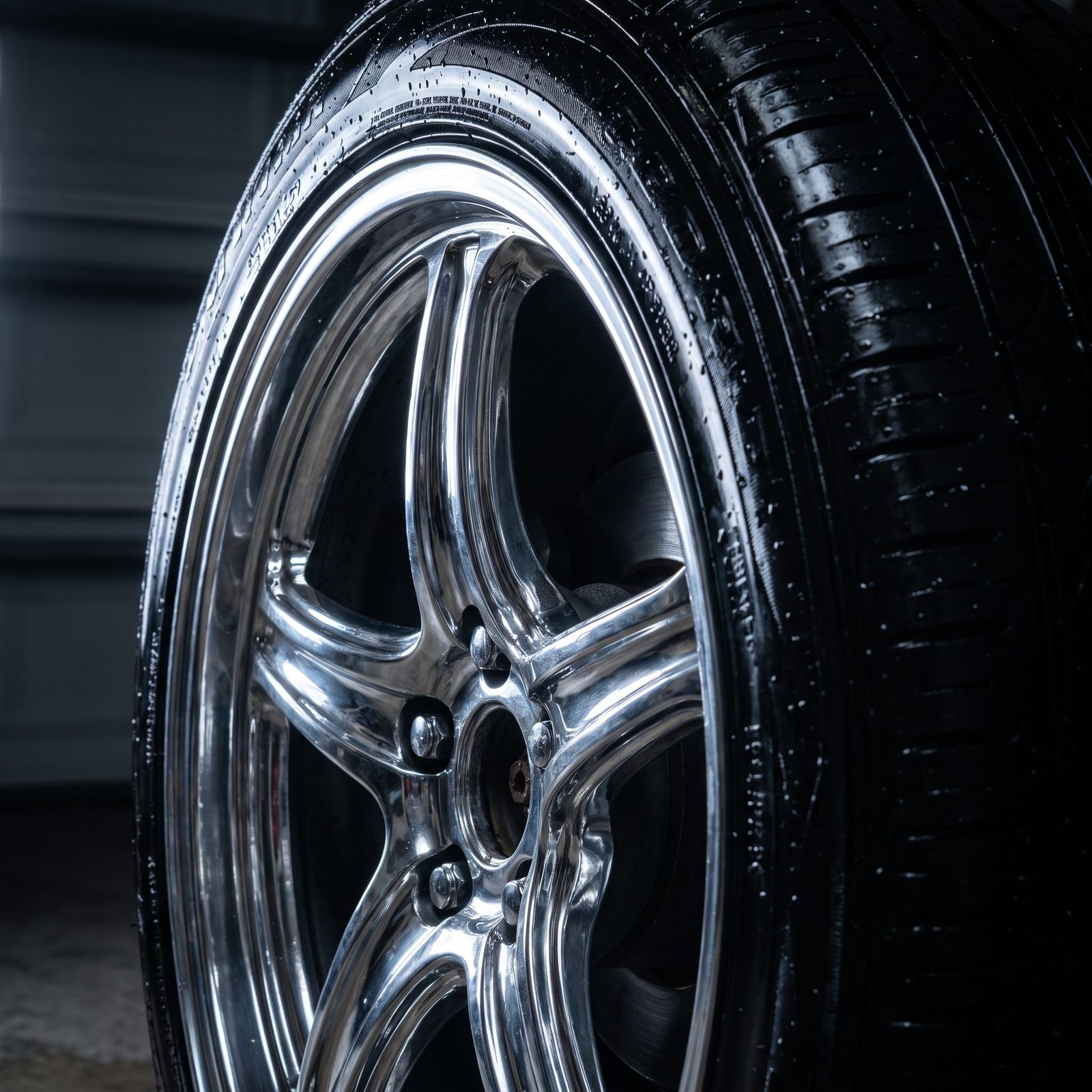 Close-up of a clean, glossy car wheel and tire after detailing